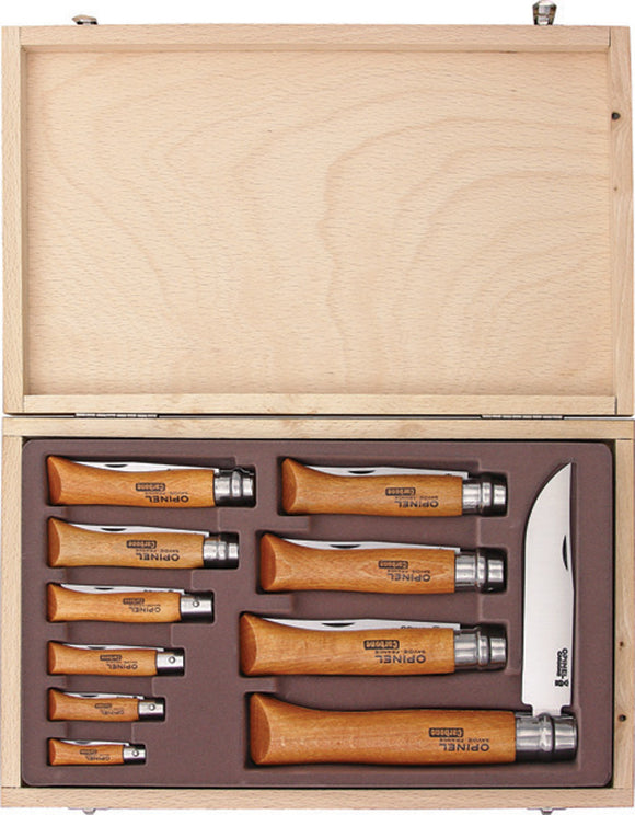 Opinel 10 Piece Folding Knife Assortment Beech Wood Carbon Steel Wood Box 83102