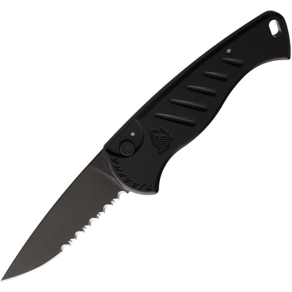Piranha Knives Automatic Fingerling Tactical Knife Black Aluminum 154CM Serrated Blade CP2BKTS