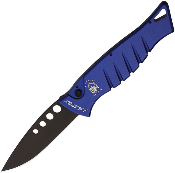 Piranha Knives Automatic Amazon Knife Button Lock Blue Aluminum Black 154CM Blade CP3BT