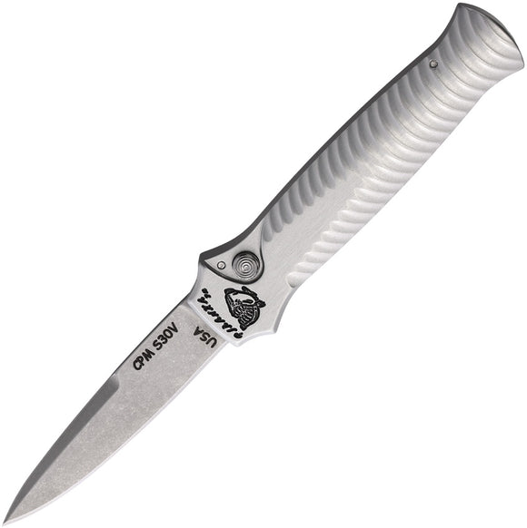 Piranha Knives Automatic Miniguard Knife Button Lock Silver Aluminum S30V Blade CP7S