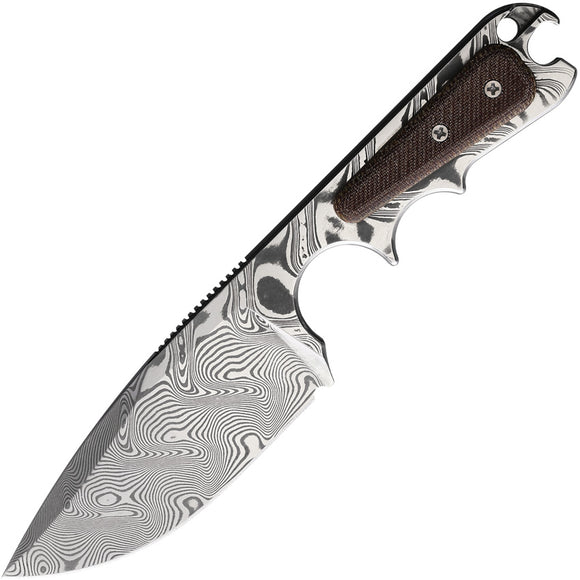 PMP Knives Pitbull Brown Micarta Damascus Fixed Blade Neck Knife w/ Sheath 026
