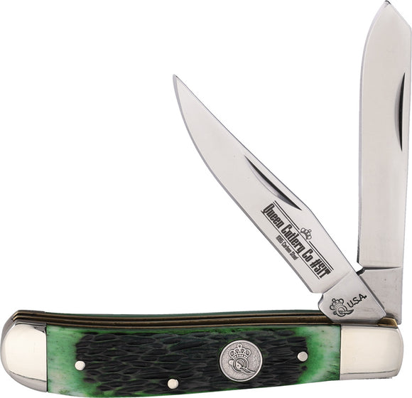 Queen Mini Trapper Green Jigged 1095 Carbon Steel Pocket Knife GPSB07