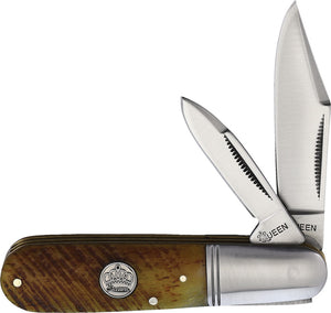 Queen City Barlow Brown Sawcut Bone Folding Stainless Clip/Pen Pocket Knife 012