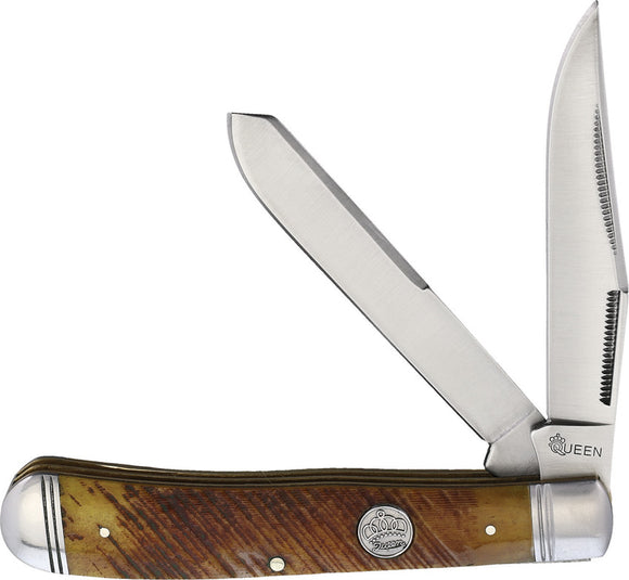 Queen City Trapper Brown Sawcut Bone Folding Stainless Clip Pt/Spey Knife 015