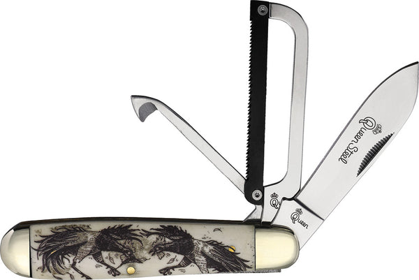 Queen Gamecock Folder Etched Bone Folding Stainless Pocket Knife