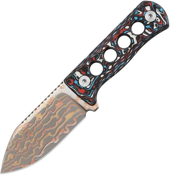 QSP Knife Canary Nebula Carbon Fiber Copper Damascus Fixed Blade Neck Knife OPEN BOX