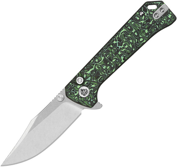 QSP Knife Grebe Button Lock Green & Black Carbon Fiber Folding S35VN Clip Pt Knife 147G1