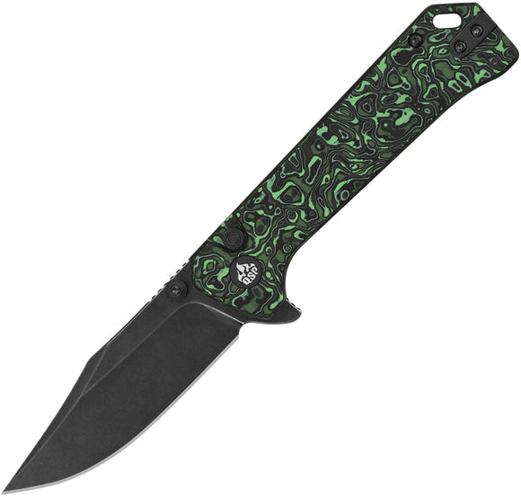 QSP Knife Grebe Button Lock Green & Black Carbon Fiber Folding S35VN Clip Pt Knife 147G2