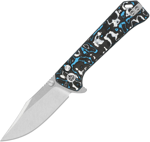 QSP Knife Grebe Button Lock Blue & White & Black Carbon Fiber Folding S35VN Clip Pt Knife 147H1