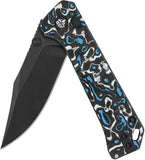 QSP Knife Grebe Button Lock Blue & White & Black Carbon Fiber Folding S35VN Clip Pt Knife 147H2