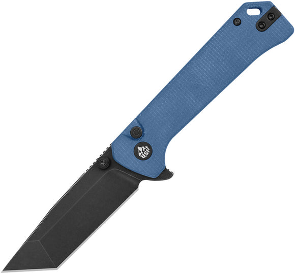 QSP Knife Grebe T Button Lock Blue Micarta Folding Black 14C28N Tanto Pocket Knife 148B2