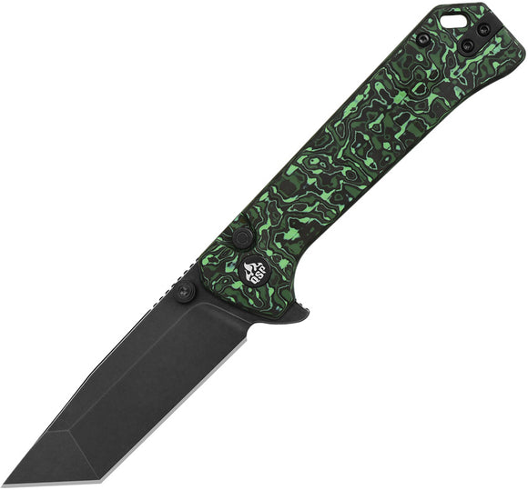 QSP Knife Grebe T Button Lock Green & Black Carbon Fiber Folding S35VN Tanto Knife 148G2