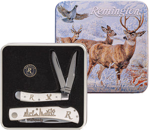 Remington Mule Deer Tin Set White Bone Folding Stainless Pocket Knife 15685