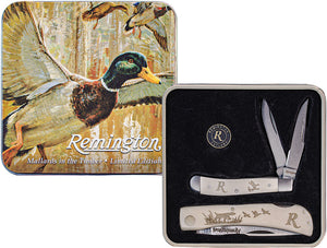 Remington Duck Tin Collector Gift Set Tan Bone Folding Steel Pocket Knife 15686
