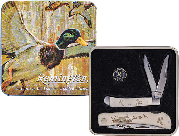 Remington Duck Tin Collector Gift Set Tan Bone Folding Steel Pocket Knife 15686