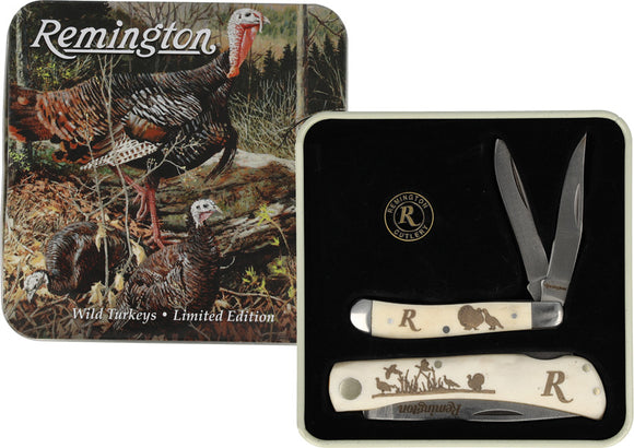 Remington Turkey Tin Collector Gift Set Bone Folding Steel Pocket Knife 15687