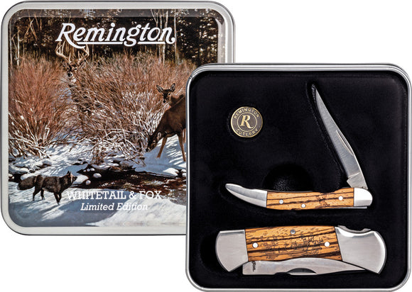 Remington Whitetail & Fox Gift Set Tan Wood Folding Stainless Pocket Knife 15716