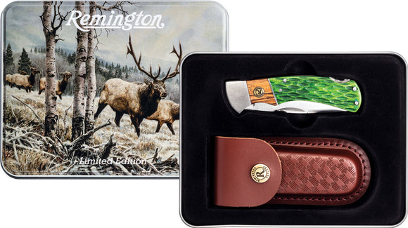 Remington Rocky Mountain Elk Gift Tin Wood Folding Stainless Pocket Knife 15718