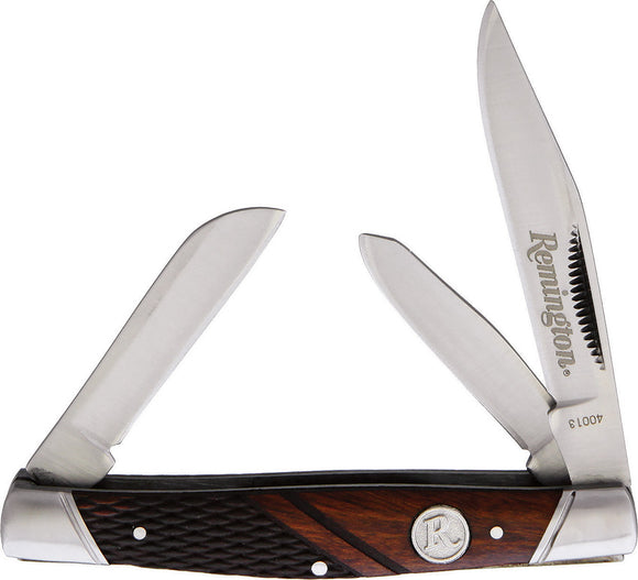 Remington Heritage Brown Checkered Wood Stockman Folding Pocket Knife 40013br