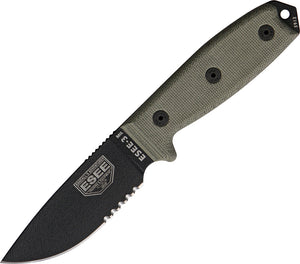 ESEE Model 3MIL Black Serrated Fixed Blade Green Hande Knife + Sheath RC3MILS