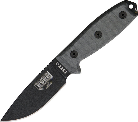 ESEE Model 3 Standard Edge Super Tuff Black Fixed Blade Knife + Sheath RC3PMB