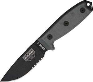 ESEE Model 3 Part Serrated Super Tuff Fixed Blade Knife w/ Brown Sheath