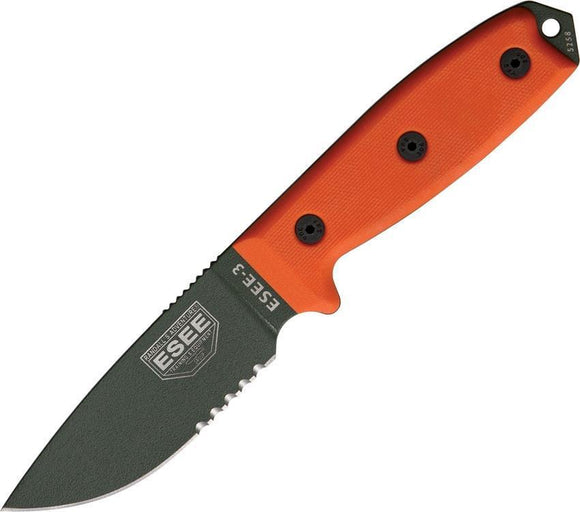 ESEE Model 3 Part Serrated 1095HC OD Green Orange G10 Handle Fixed Knife