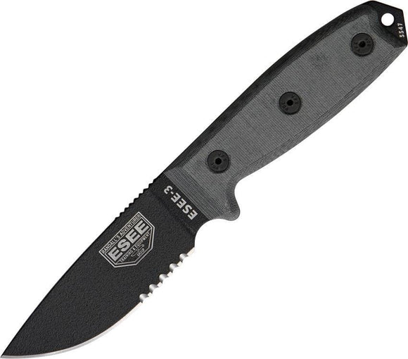 ESEE Model 3 Part Serrated Carbon Steel Super Tuff Fixed Blade Black Knife