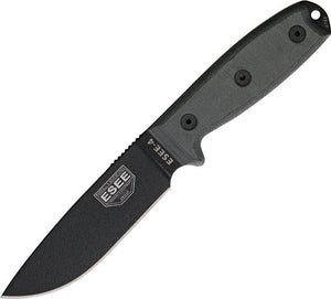 ESEE 9" Model 4 Plain Edge Black Fixed Blade & Handle w/ MOLLE Back Sheath