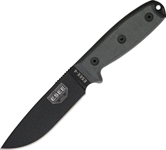 ESEE Model 4 Plain Edge Black Fixed Blade Linen Handle Knife w/ Brown Sheath