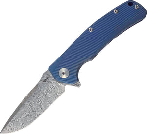 Reate Knives Mini Horizion Blue Titanium  Damascus Flipper Knife  11