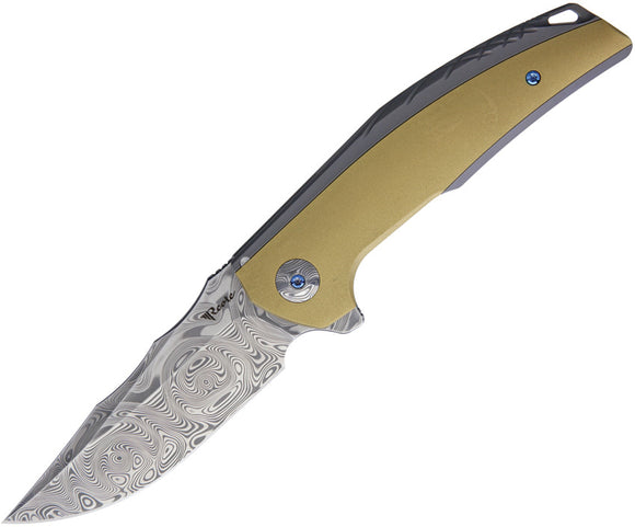 Reate Knives Jack Linerlock Gray Titanium Damasteel + Brass Flipper Folding Knife 045
