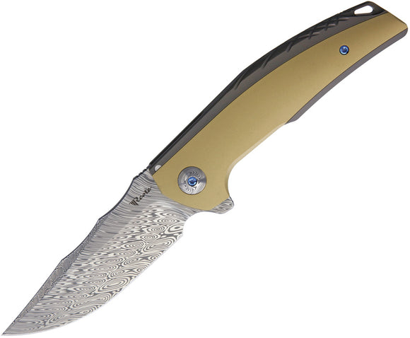 Reate Knives Jack Linerlock Bronze + Brass Titanium Damasteel Flipper Folding Knife 046