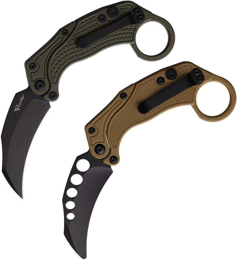 Reate Knives EXO-K Karambit Button Lock OD Green Aluminum Folding Blac ...