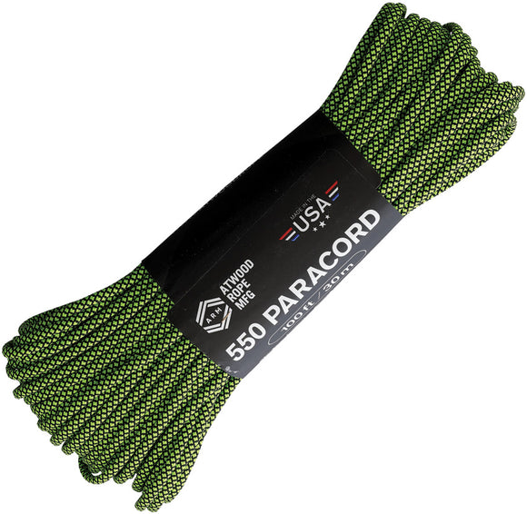 Atwood Rope MFG 100ft Black & Neon Green Diamond Pattern Parachute Cord 1313H