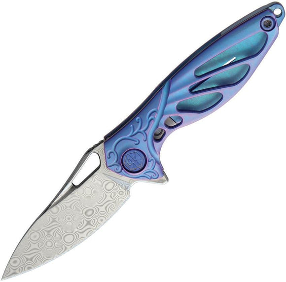 Rike Hummingbird Framelock Blue Titanium Damasteel DS93X Folding Knife