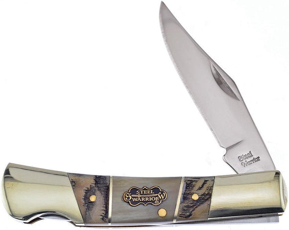 Frost Cutlery Barracuda Ram Ox Horn Handle Steel Warrior Stainless Folding Knife