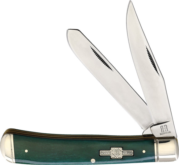 Rough Rider Trapper Folding Clip & Spey Blades Green Bone Handle Knife 1253