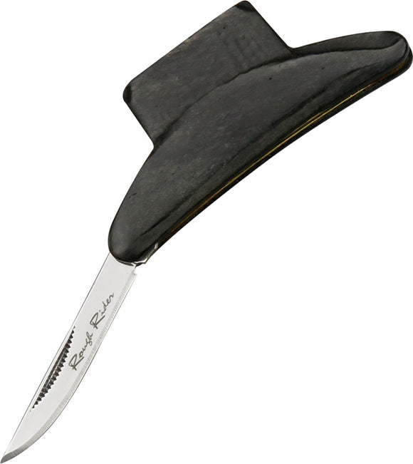 Rough Rider Cowboy Hat Series Shaped Black Bone Handle Folding Blade Knife 1321