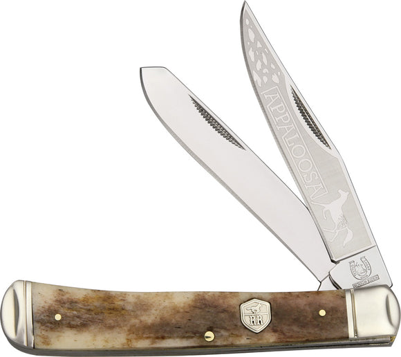 Rough Rider Trapper Stainless Folding Blades Brown Appaloosa Bone Knife 1406