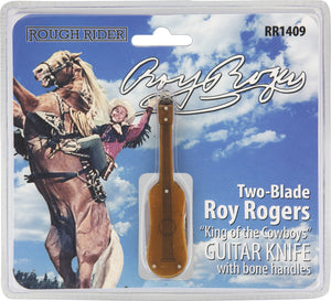 Rough Rider Roy Rogers Guitar Shaped Brown Bone Handle Folding Blades Knife 1409