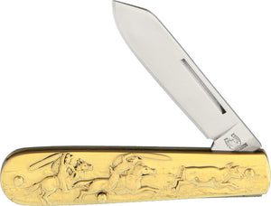 Rough Rider Cowboy Brass Artwork Handle Stainless Folding Spey Blade Knife 1457