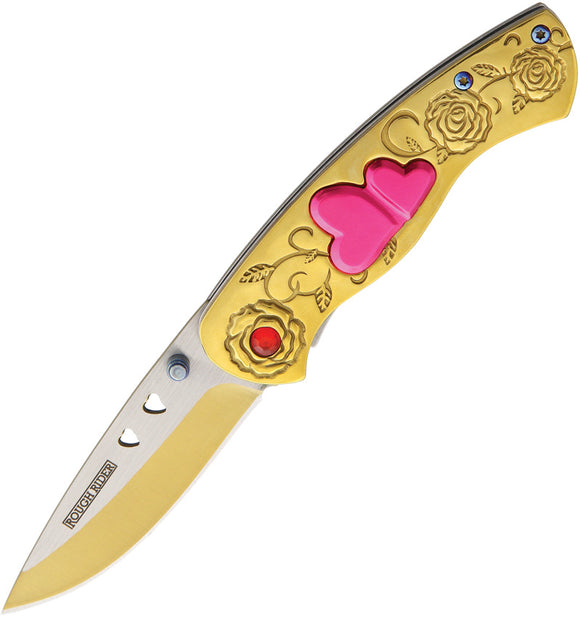 Rough Rider Pink Love Sweetheart Linerlock Brass Handle Folding Blade Knife 1493