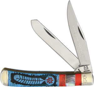 Rough Rider Dreamcatcher Trapper Blue & Red Turquoise Folding Blade Knife 1525  -On Sale