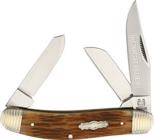 Rough Rider Bolster Stripe Stockman Brown Bone Handle Folding Blade Knife 1564