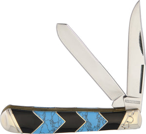 Rough Rider Turquoise & Black Peak Handle Trapper Folding Blades Knife 1574