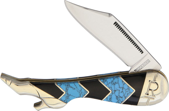 Rough Rider Turquoise & Black Peak Handle Leg Stainless Folding Blade Knife 1575