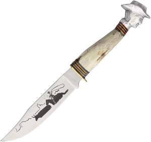 Rough Rider Cowboy Artwork Stainless Fixed Blade Bone Handle Knife + Sheath 1630