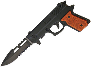 Rough Rider Pistol Handle A/O Linerlock Black Serrated Folding Blade Knife 1652