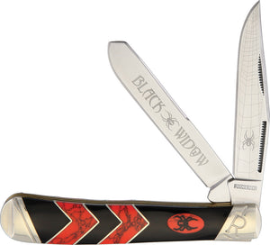 Rough Rider Red & Black Widow Handle Trapper Stainless Folding Blades Knife 1670